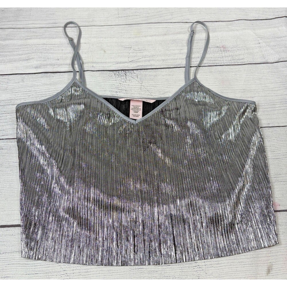 Victorias Secret Sz XS Silver Black Lame Lightweight Camisole Crop Top Club